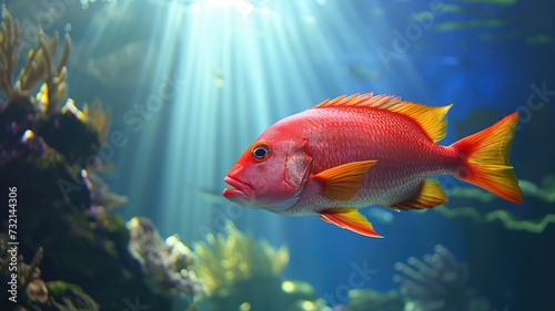 A vibrant red snapper fish swims elegantly in a coral reef, surrounded by a symphony of marine life, with sunlight filtering through the blue waters photo