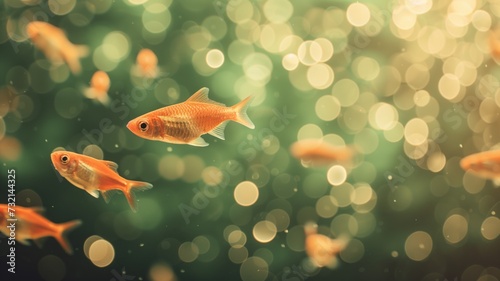 In a dreamy underwater scene, golden fish swim amidst twinkling bokeh light effects, casting an enchanting spell of the serene life beneath the water's surface