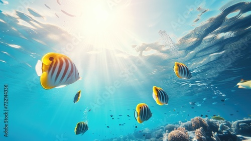 A vibrant underwater scene with sunbeams piercing through, showcasing a school of striped yellow fish among coral reefs