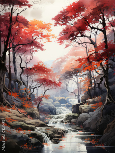  Japanese maple trees grace cascading heights in a tranquil crevice, softly illuminated, blending Impressionism with Traditional Chinese Ink. Perfect for Art Prints, Social media, Blog, Greeting Cards © sravanthi