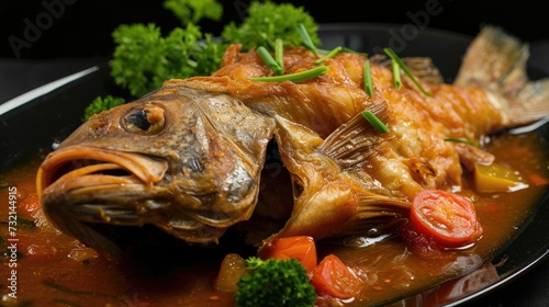 Braised Fish in the solid black background