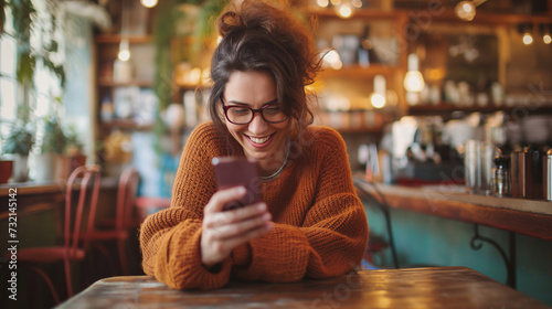 Mulher feliz e rindo usando o celular em um café  photo