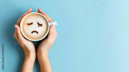 Uma mulher segurando uma caneca de café com um rosto triste  photo
