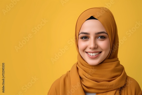 Studio shot of a smiling muslim young woman wearing a hijab on a flat colored background