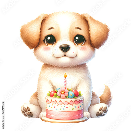 Cute watercolor animal character with birthday cake for birthday party clipart for decoration of dog