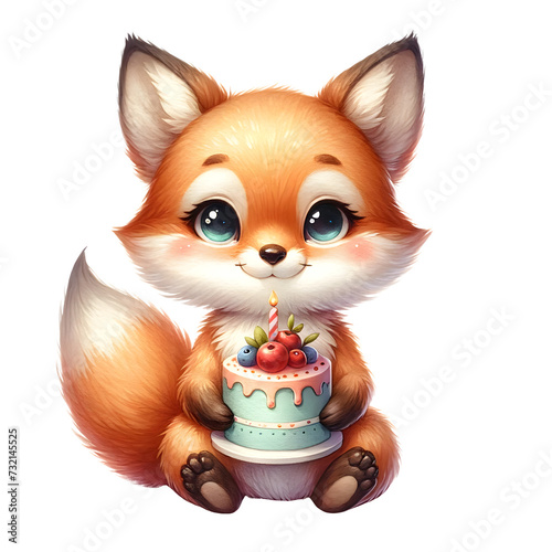 Cute watercolor animal character with birthday cake for birthday party clipart for decoration of fox