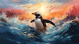 A penguin pops up on the surface of the water with dynamic splashes, against the backdrop of a bright sunset.