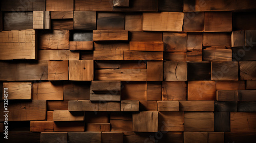 A wall decorated with an abstract composition of wooden blocks in different shades of brown  creating a three-dimensional  textured pattern.