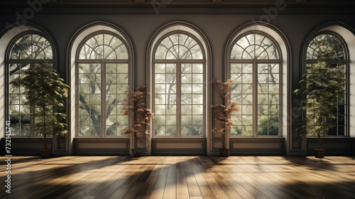 Classically styled room with large arched windows overlooking the lush green trees outside the window