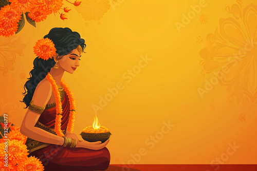 Indian woman in red mekhla holding religious offering on orange background with copy space. Ugadi or Gudi Padwa celebration. Indian festival Diwali. Hindu New Year. Religion and ethnic concept photo