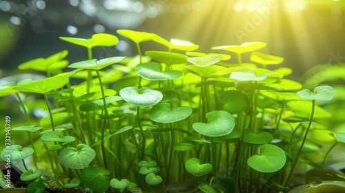 Fresh green sprouts growing with illuminated leaves under a sunbeam, symbolizing new life and growth