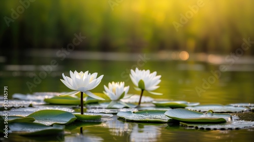 Water lilies bask in the golden light of dawn, with dew on their leaves, serene and peaceful