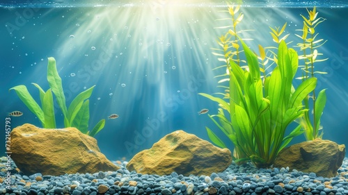 Sunlight filters through clear water showcasing an underwater scene with rocks, plants, and small fish