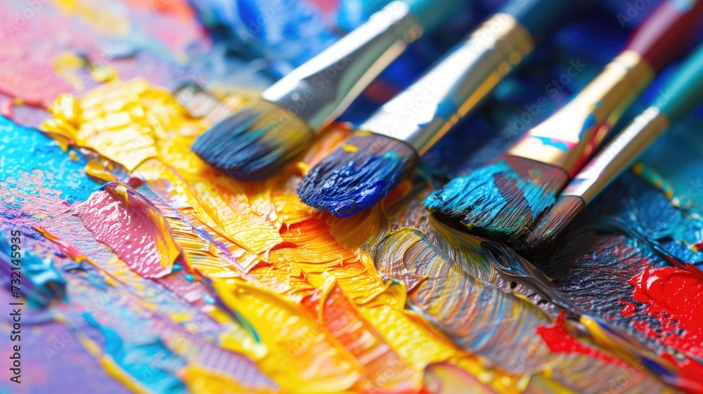 Fototapeta premium Artistic close-up of colorful oil paint brushes against a vibrant background