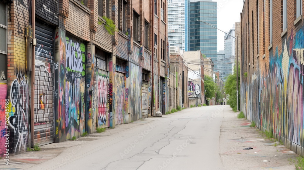 Fototapeta premium A daytime scene of an urban alleyway, flanked by buildings with walls covered in colorful graffiti