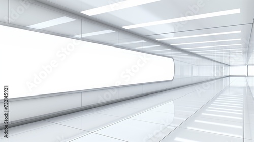 A futuristic white corridor with sleek lines and a long, illuminated display, creating a minimalist and modern aesthetic