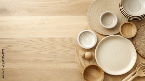 Image showcasing a neatly arranged table setting with wooden kitchenware, suggesting a dining or homeware theme