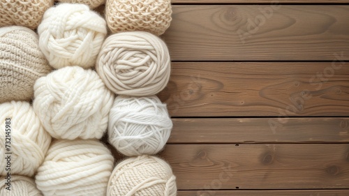 A collection of cream-colored yarn balls on a wooden background