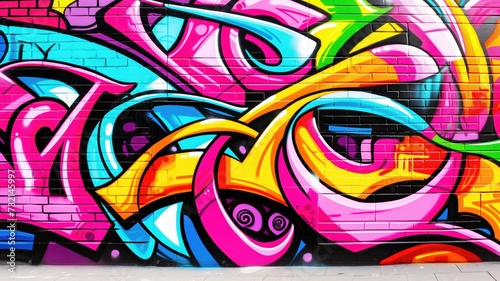 A detailed, vibrant graffiti wall with complex, colorful swirls and patterns