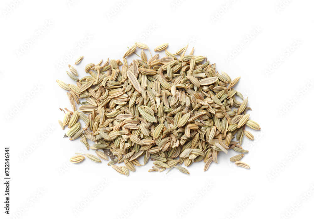 Pile of dry fennel seeds isolated on white, top view