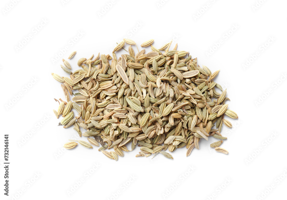 Pile of dry fennel seeds isolated on white, top view Pile of dry fennel seeds isolated on white, top view
