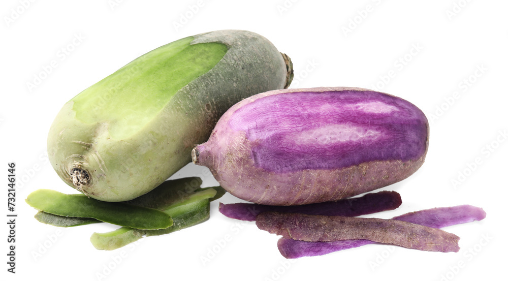 Purple and green daikon radishes isolated on white Purple and green daikon radishes isolated on white