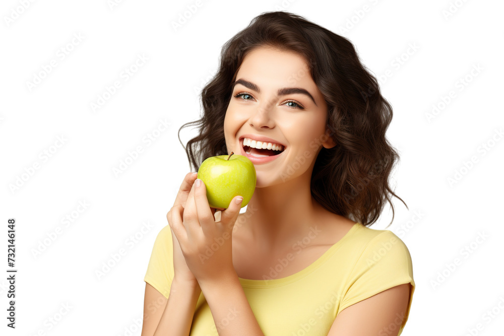 closeup beautiful happy woman in bright yellow top biting green crispy apple isolated on white background, concept of happiness, healthy food and losing weight closeup beautiful happy woman in bright yellow top biting green crispy apple isolated on white background, concept of happiness, healthy food and losing weight