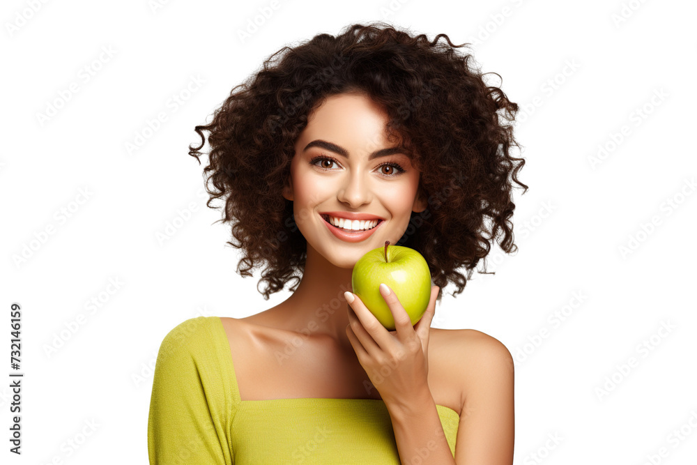 closeup beautiful happy woman in bright yellow top biting green crispy apple isolated on white background, concept of happiness, healthy food and losing weight closeup beautiful happy woman in bright yellow top biting green crispy apple isolated on white background, concept of happiness, healthy food and losing weight