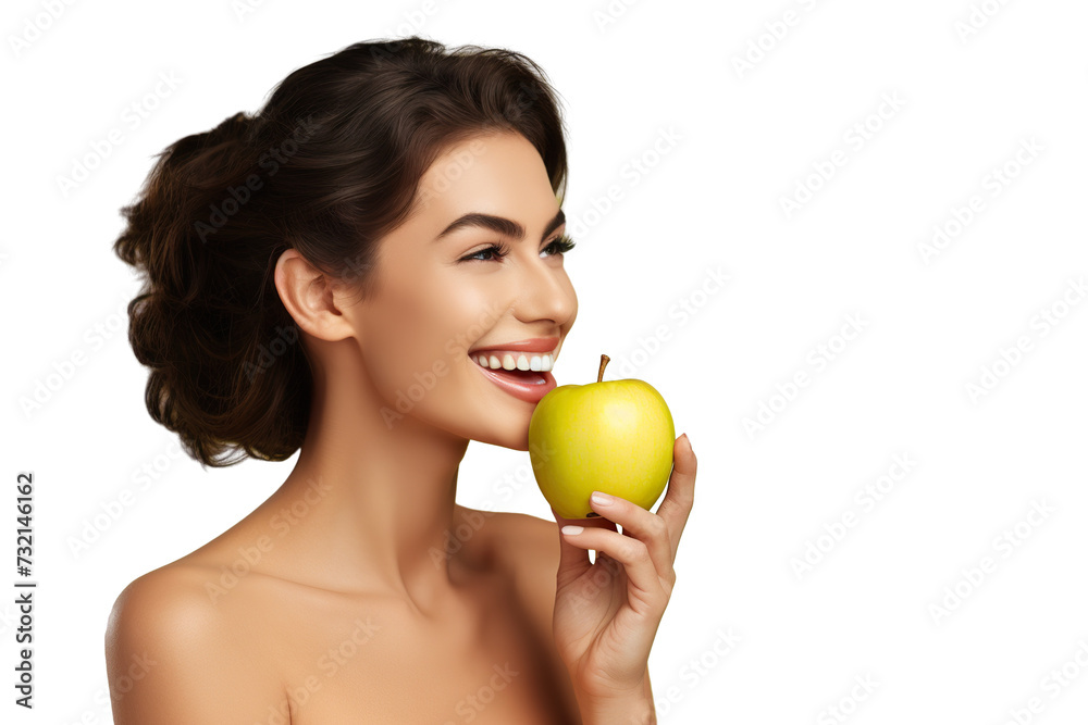 closeup beautiful happy woman in bright yellow top biting green crispy apple isolated on white background, concept of happiness, healthy food and losing weight closeup beautiful happy woman in bright yellow top biting green crispy apple isolated on white background, concept of happiness, healthy food and losing weight