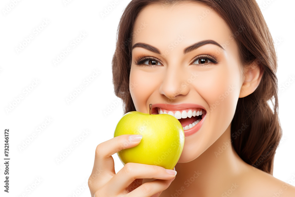 closeup beautiful happy woman in bright yellow top biting green crispy apple isolated on white background, concept of happiness, healthy food and losing weight closeup beautiful happy woman in bright yellow top biting green crispy apple isolated on white background, concept of happiness, healthy food and losing weight