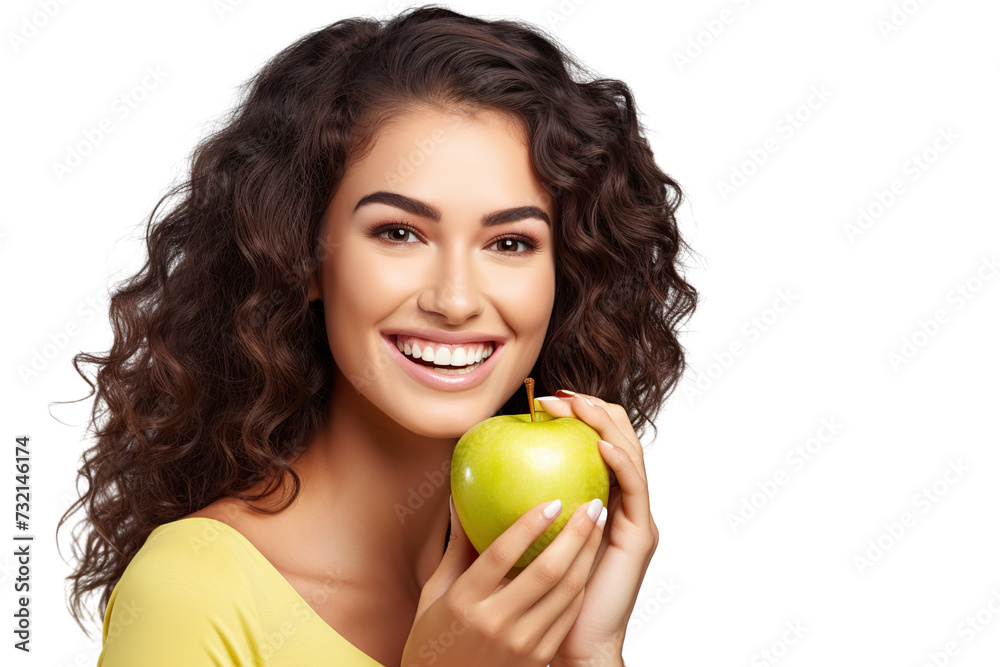 closeup beautiful happy woman in bright yellow top biting green crispy apple isolated on white background, concept of happiness, healthy food and losing weight closeup beautiful happy woman in bright yellow top biting green crispy apple isolated on white background, concept of happiness, healthy food and losing weight