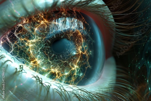Human Cyborg AI Eye color vision deficiency contact. Eye ocular oncologist optic nerve lens refractive lens exchange color vision. Visionary iris lens epithelial cell migration sight dcr eyelashes photo