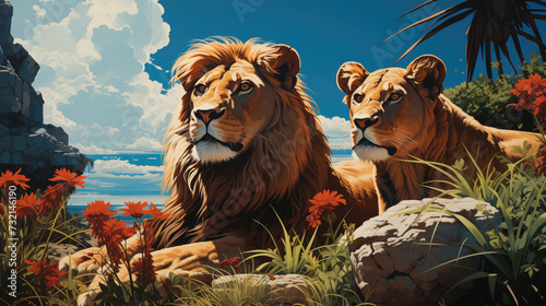 A pair of lions, male and female, lying quietly among flowering bushes against a background of blue sky and lake.