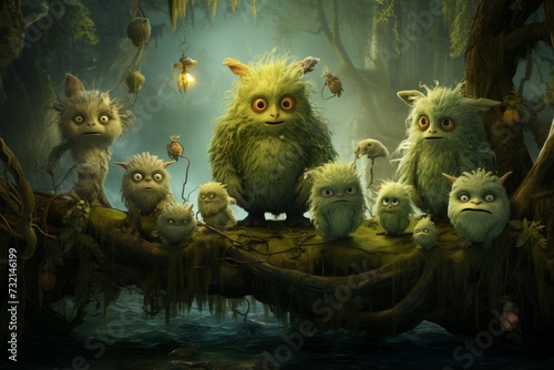 Monsters children fantasy in dark forest. Night dream scary horror. Generate Ai