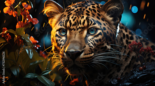 Portrait of a leopard hiding among tropical leaves and flowers