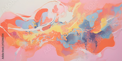 Abstract pastel vibrant colors gouache paint flow, swirl and splatter texture pattern background. Dynamic composition of shapes, modern art painting wallpaper backdrop photo