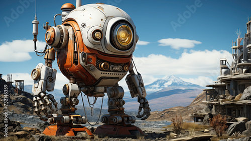 A futuristic robot on two legs stands in a desert landscape with high-tech buildings in the background. © Eyd_Ennuard