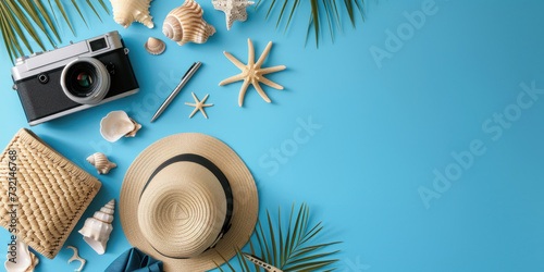 Top view Flat lay Camera, hat, suitcase, starfish, seashell, on blue background, Minimal summer travel holiday vacation concept photo