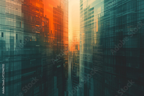 An abstract background with sunset reflection on glass modern skyscrapers in an urban landscape.