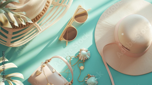Top view Flat lay summer fashion accessories sunglasses and hat on blue pastel background photo