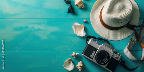 Top view Flat lay Camera, hat, starfish, seashell, on blue wood background, Minimal summer travel holiday vacation concept