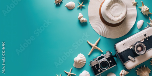 Top view Flat lay Camera, hat, suitcase, starfish, seashell, on blue background, Minimal summer travel holiday vacation concept