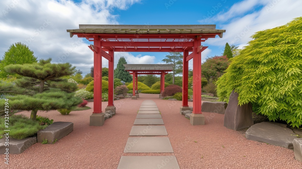 Vibrant red torii gate pathway in peaceful Japanese garden Vibrant red torii gate pathway in peaceful Japanese garden