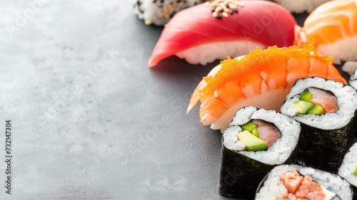 A row of fresh sushi representing Japanese cuisine and culinary artistry photo