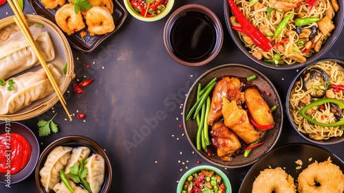 Wide assortment of Chinese dishes on a dark tabletop, emphasizing variety and the vibrant colors of the food
