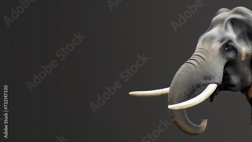 Close-up of an elephant head against a dark background, highlighting the detailed texture of its skin and tusks