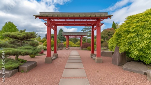 Vibrant red torii gate pathway in peaceful Japanese garden