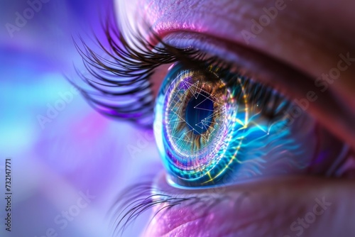 Human Cyborg AI Eye iris pattern. Eye inner retinal function optic nerve lens laser assisted in situ keratomileusis color vision. Visionary iris retinal surgery sight bells palsy eyelashes photo