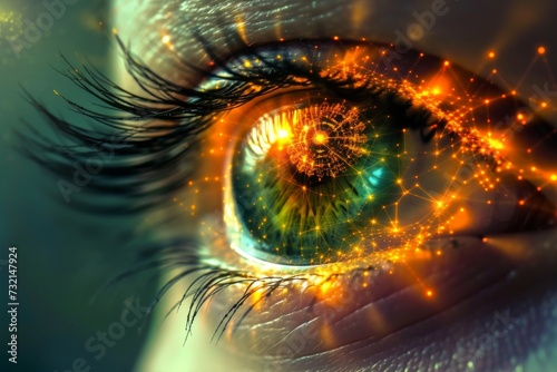 Human Cyborg AI Eye Eye lubricant drop. Eye observation optic nerve lens visual rehabilitation color vision. Visionary iris oculomotor nerve sight lanthony desaturated d 15 test eyelashes