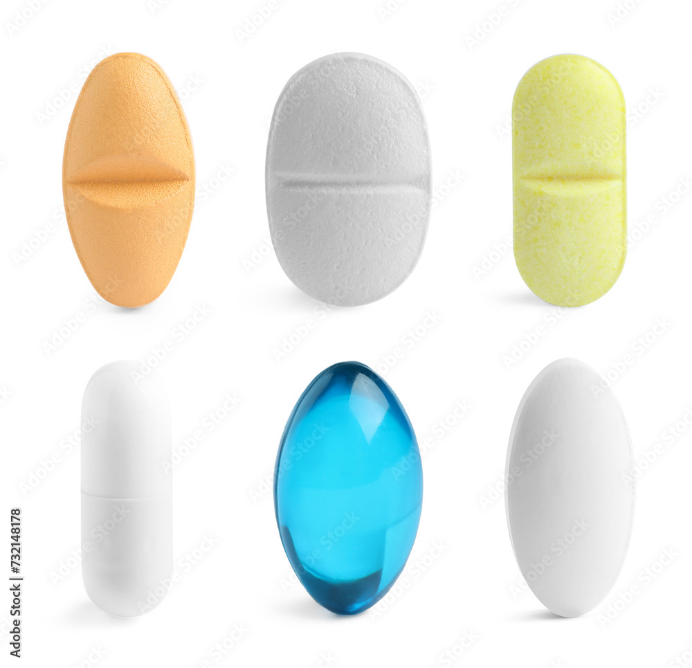 Vitamin. Many different pills isolated on white, set Vitamin. Many different pills isolated on white, set